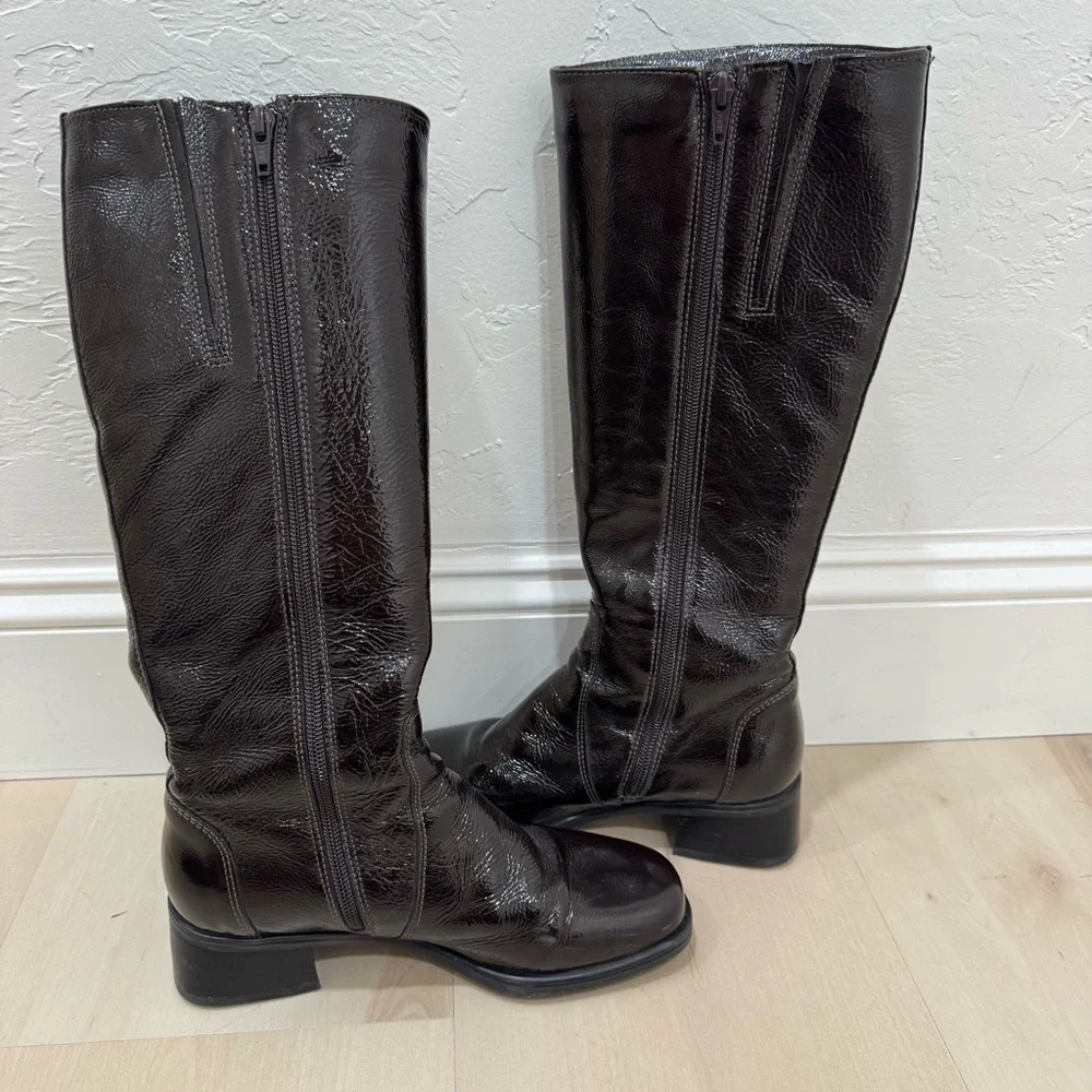La CANADIENNE Laney Knee Boots Women's 6.5 Patent Dark Brown Waterproof Leather
